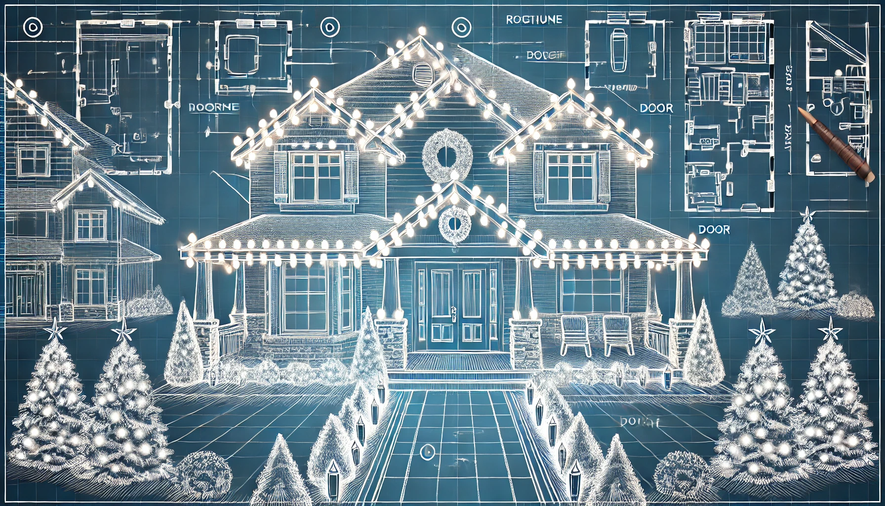 Blueprint-style illustration of a house showcasing a Christmas lighting design, including roofline lights, wreaths, and illuminated trees.